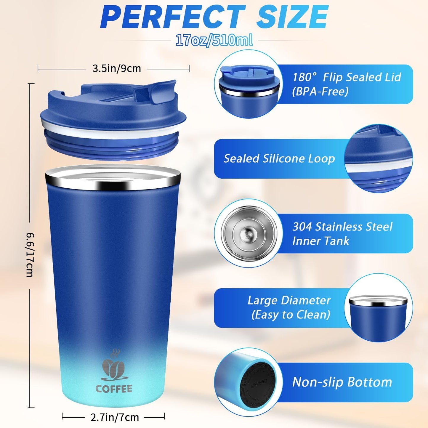 Insulated Travel Coffee Mug Reusable Coffee Tumbler Cup with Flip Lid Leak Proof Spill Proof for Office School Party Camping Hot and Cold Drink,Stainless Steel 17oz (Light Dark Blue)