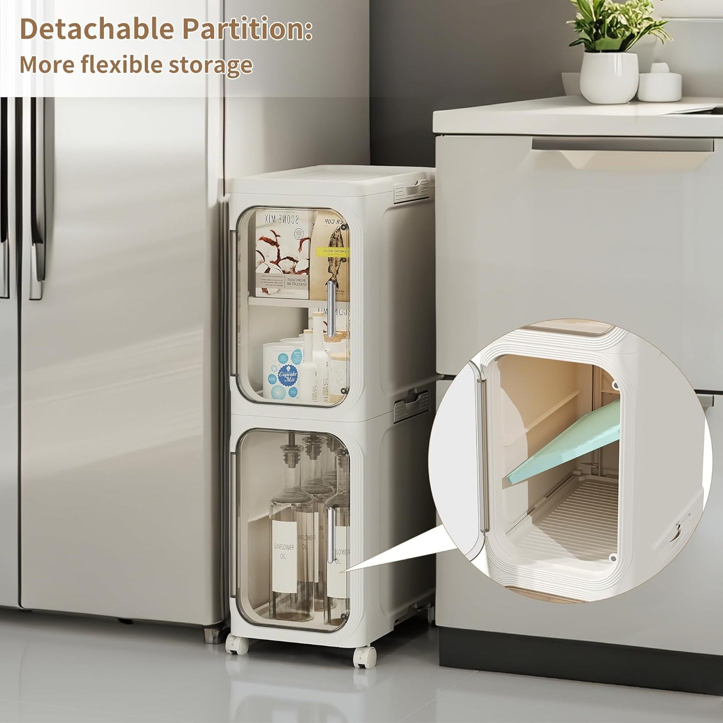 4-Tier Narrow Storage Cabinet Slim Bathroom Storage Cabinet with Movable Wheels Tall Bathroom Organizer Skinny Cabinet for Small Spaces，Beige