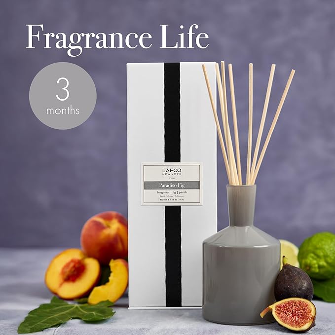 LAFCO New York Classic Reed Diffuser, Paradiso Fig - 6 oz - Up to 3 Months Fragrance Life - Reusable Glass Vessel - Natural Wood Reeds - Made in The USA