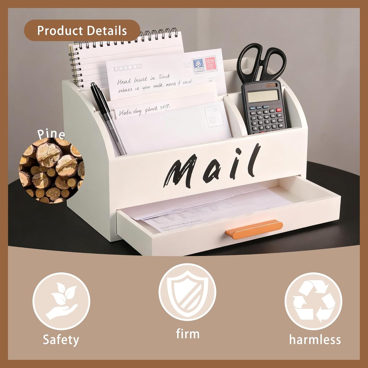 goprety Mail Organizer for Desk - Countertop Bill Holder with File Storage, Wooden Desktop with Drawers - Home & Office Mail Management System