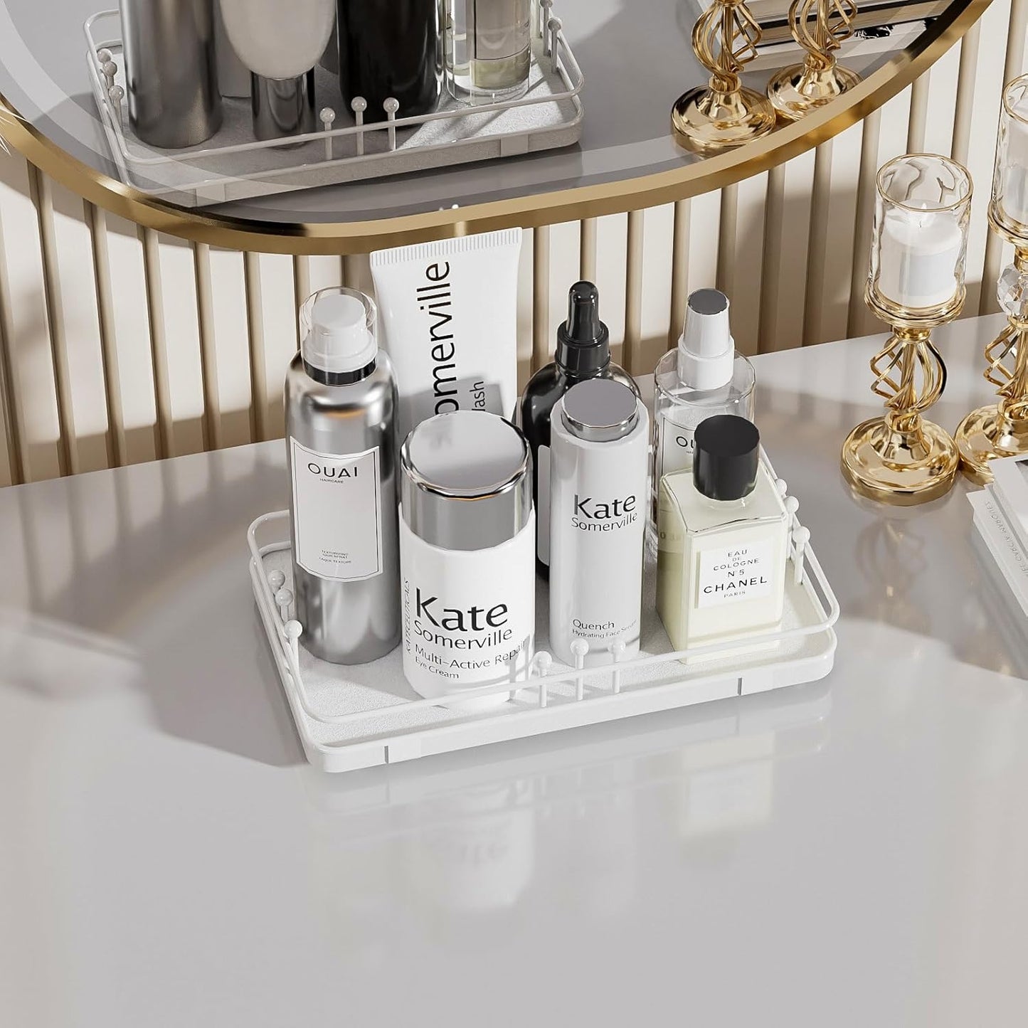 Bathroom Vanity Tray for Toiletries Makeup Perfume Candle Toilet Tank, Kitchen Tray for Soap Dispenser Spice Salt, Small Tray for Countertop Decor Coffee Nightstand 7.9”x4.4” White