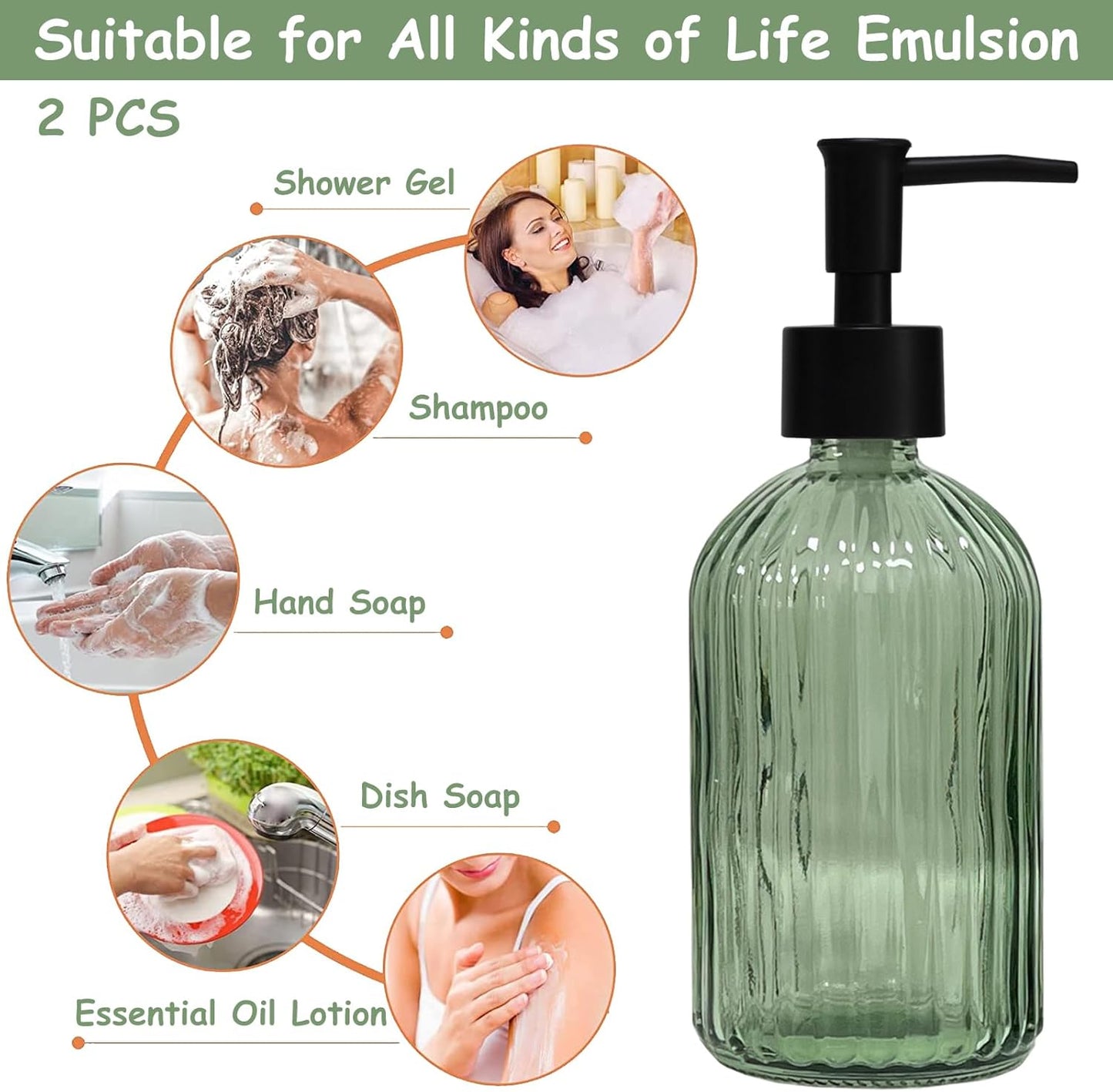 Green Glass Soap Dispenser Set with Black Pump, 13.5oz Refillable Liquid Hand Soap Dispenser, Lotion Dish Soap Dispenser for Modern Home Decor, Bathroom, Kitchen Countertop, Hotel(2 Pack)