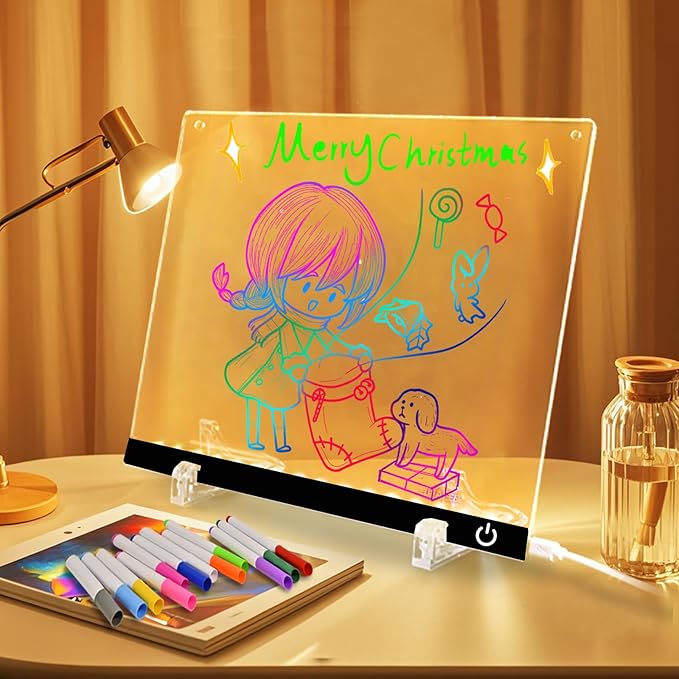 LED Note Board with Colors 12-Color Illuminated Acrylic Drawing Board - Dry-Erase Night Light with Stand for Home/Office/Gift/Festival (12" W x 8.5" H (Black))