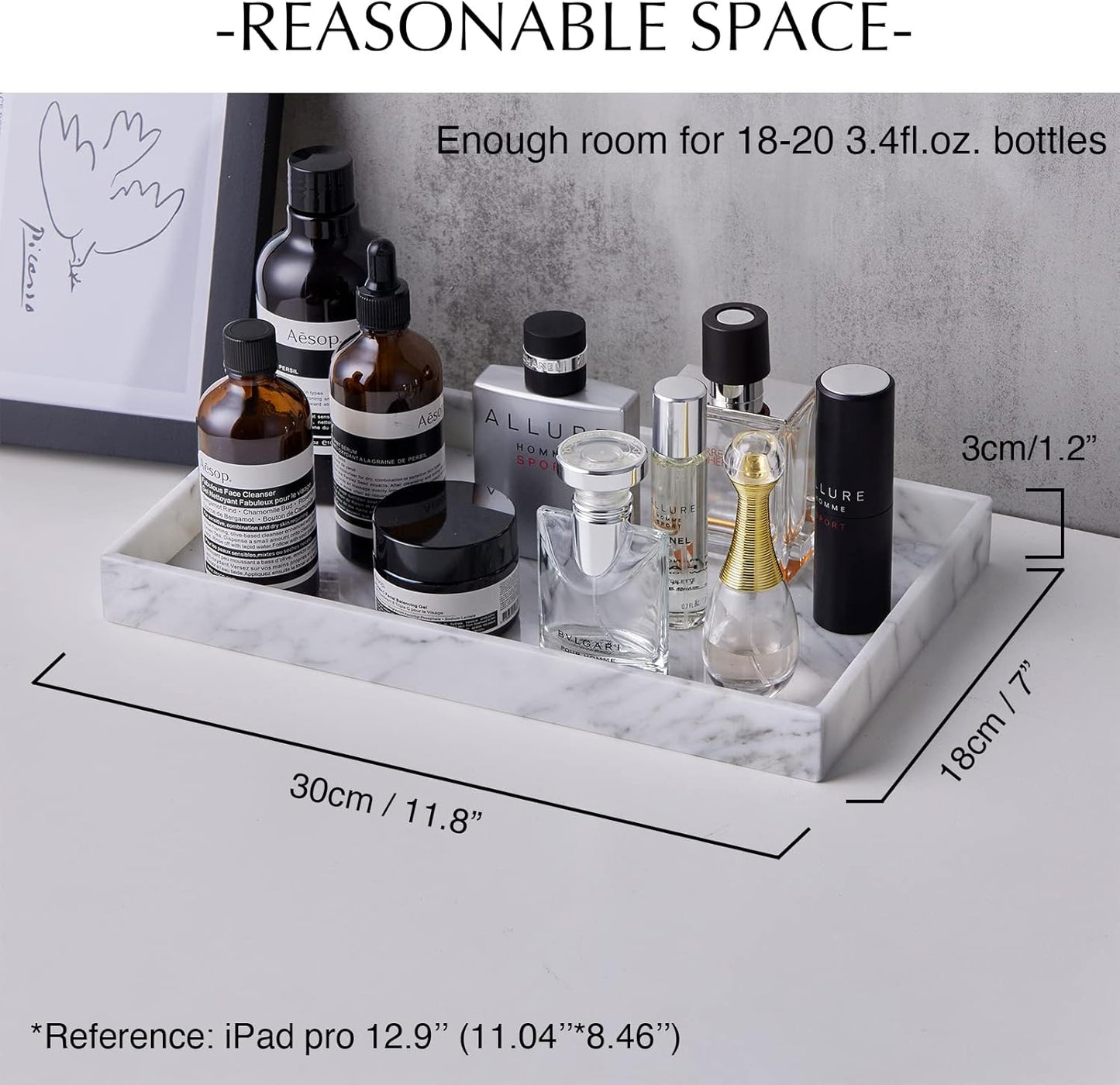 𝐈𝐭𝐚𝐥𝐢𝐚𝐧 𝟏𝟎𝟎% Marble Vanity Tray (12x7in), Counter Organizer for Bathroom, Kitchen, Dresser, Coffee Table, Serving, Decorative (Carrara White)