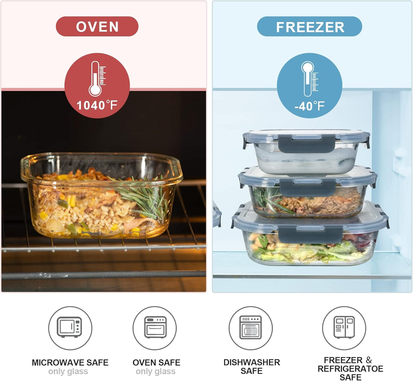 Glass Food Storage Containers with Lids Airtight, Glass Meal Prep Containers for Lunch Food, Container Set, Easy to Open& Close/Microwave,Oven,Freezer,Dishwasher Safe/Leak-Proof（20 Pieces）