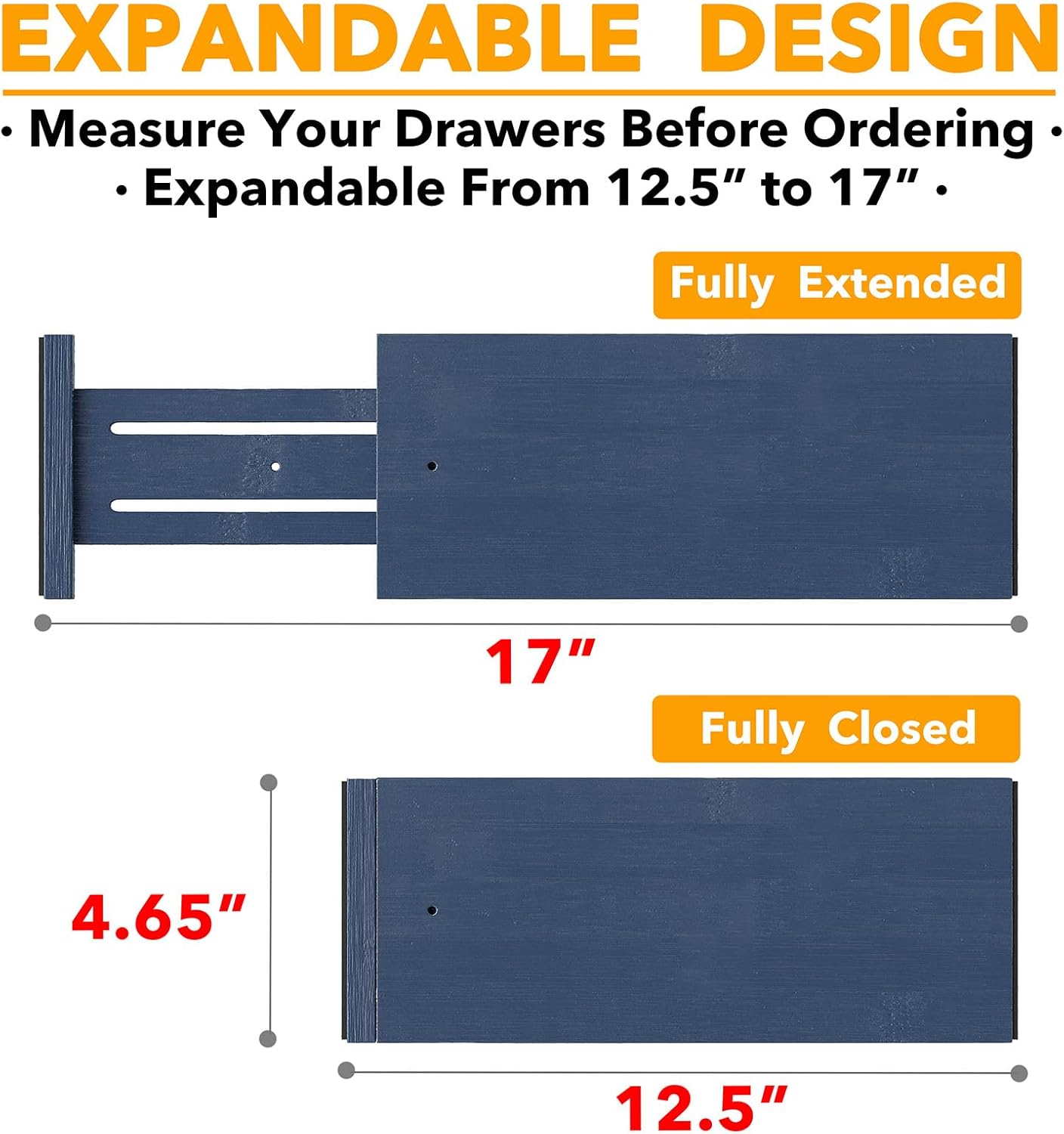 SpaceAid Bamboo 4 Pack Dresser Drawer Dividers, 4.65“ High Adjustable 12.5“-17” Drawer Organizers, Expandable Organization for Clothing, Clothes, Dressers, Navy Blue