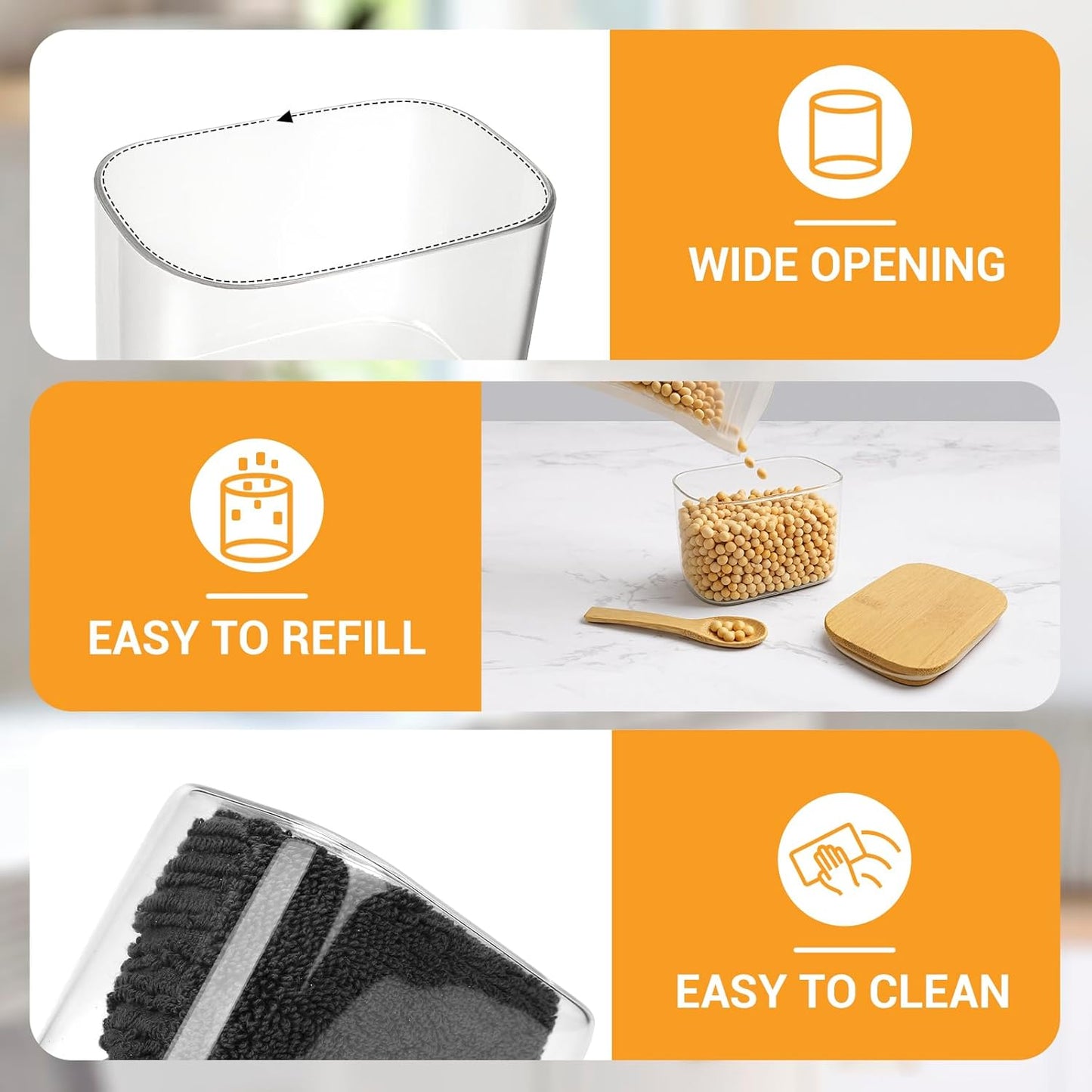 Rectangle Glass Jars with Lids, 2 Pack 17oz Glass Jars with Bamboo Lids, Airtight Pantry Storage Containers for Kitchen Countertop, Tea Container for Cereal, Sugar, Coffee, Cookie, Spice, Nuts