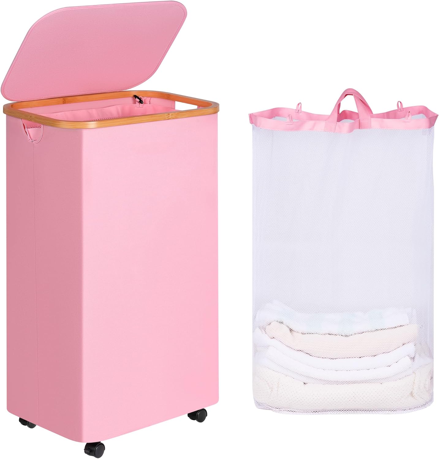 Laundry Basket with Wheels, 110L Clothes Hamper for Laundry, Laundry Hamper with Lid and Inner Bag, for Laundry Room, Bedroom, Dormitory Storage,Pink