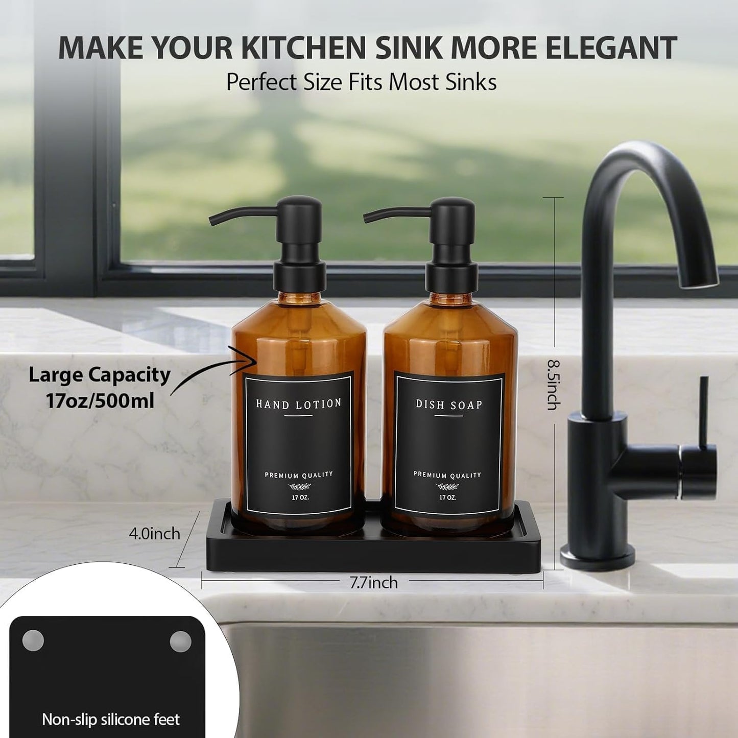 Amber Glass Soap Dispenser, Bathroom Hand Soap Dispensers with Stainless Pump, 17 Oz Kitchen Hand and Dish Soap Dispenser Set, Modern Liquid Soap Lotion Dispenser (Amber Bottle/Black Pump)