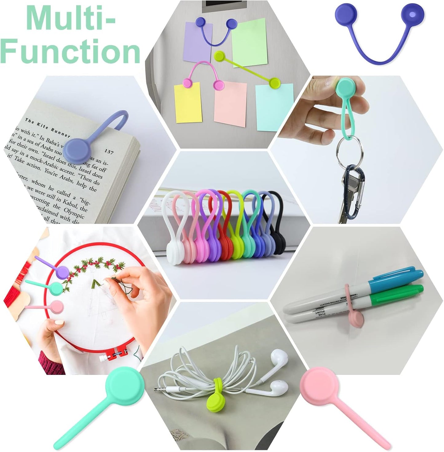 Motiloo 8 Colors-48 Pack Reusable Magnetic Cable Ties Silicone Magnetic Cable Clips Cord Organizer Management Cable Cords,Book Markers, Fridge Magnets,Multicolor
