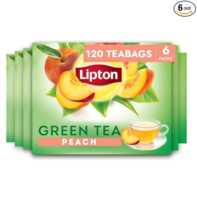 Lipton Peach Green Tea Bags, Flavored, Unsweetened Teabags for Hot Tea or Peach Iced Tea with Caffeine and Flavonoids, 120 Total Tea Bags (20ct - Pack of 6)