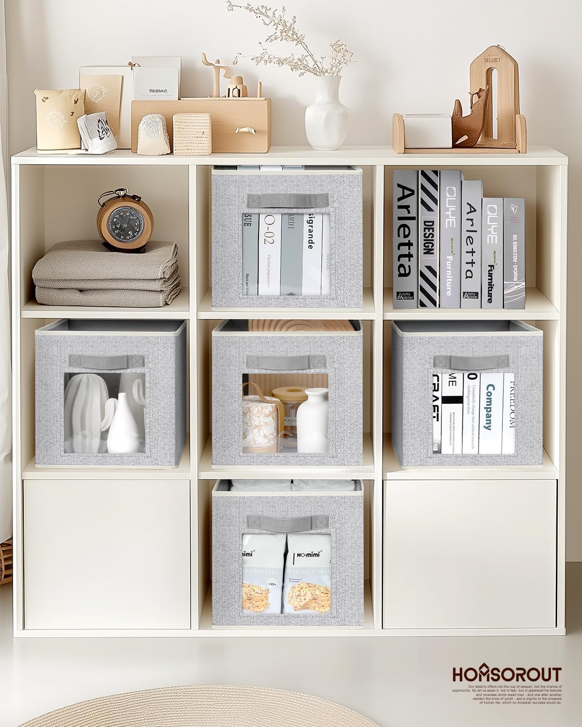 Foldable Storage Cubes - Cubby Storage Organizer with Window, Decorative Baskets for Organizing, 11 Inch Fabric Cube Shelf Bins, Set of 10, Light Gray