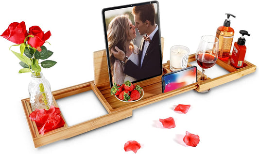 Premium Bamboo Bathtub Caddy Tray with Extending Sides, Adjustable Wood Bath Tray for Luxury Bath, Fits Most Tubs, Accessories Gift Idea