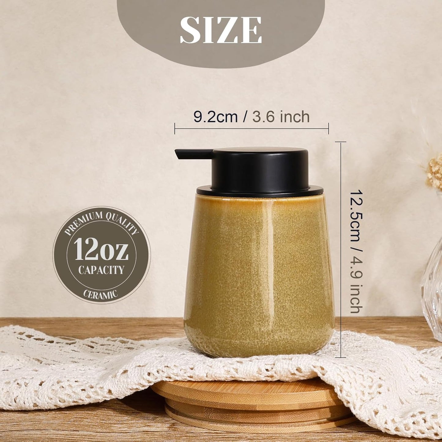 INGOFIN Ceramic Lotion Dispenser - 12 oz Refillable Hand Soap Dispenser Bathroom, Modern Liquid Soap Dispenser with Pump, Dish Dispenser for Kitchen,Kiln-Glazed Earthy Yellow