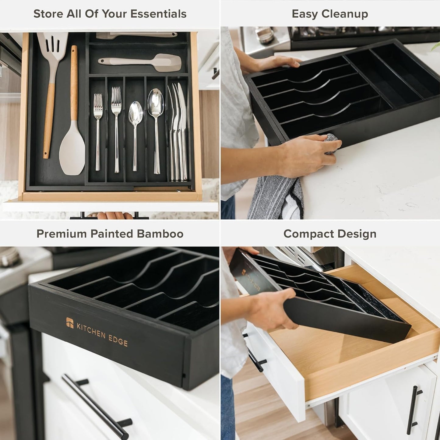KitchenEdge Premium Silverware, Flatware and Utensil Organizer for Kitchen Drawers, Food-Safe Contract Grade, Expandable from 10.5 to 19 In, Black Bamboo