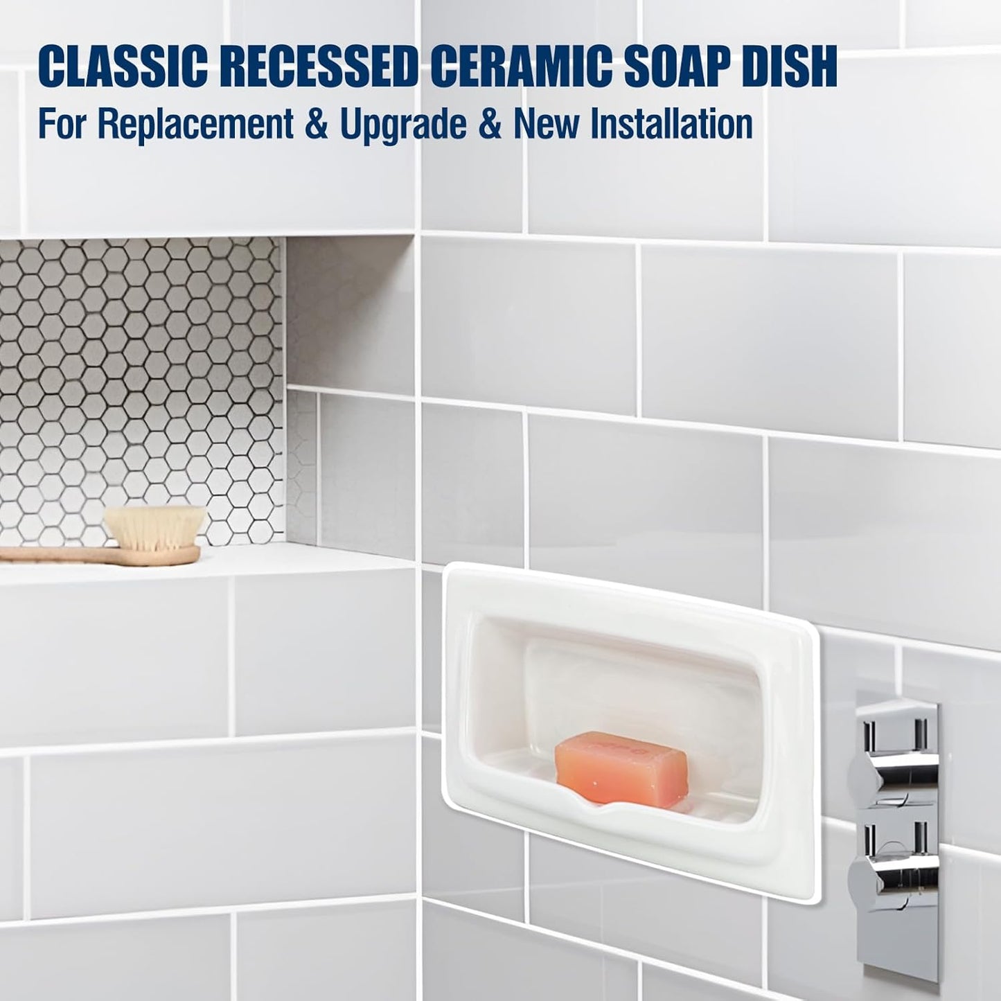 Classic Recessed Ceramic Soap Dish for Shower Wall, Heavy-Duty, Space-Saving, Self-Draining Built-in Soap Holder for Bathroom & Laundry, Perfect for Replacing Old Soap Dishes or New Installations