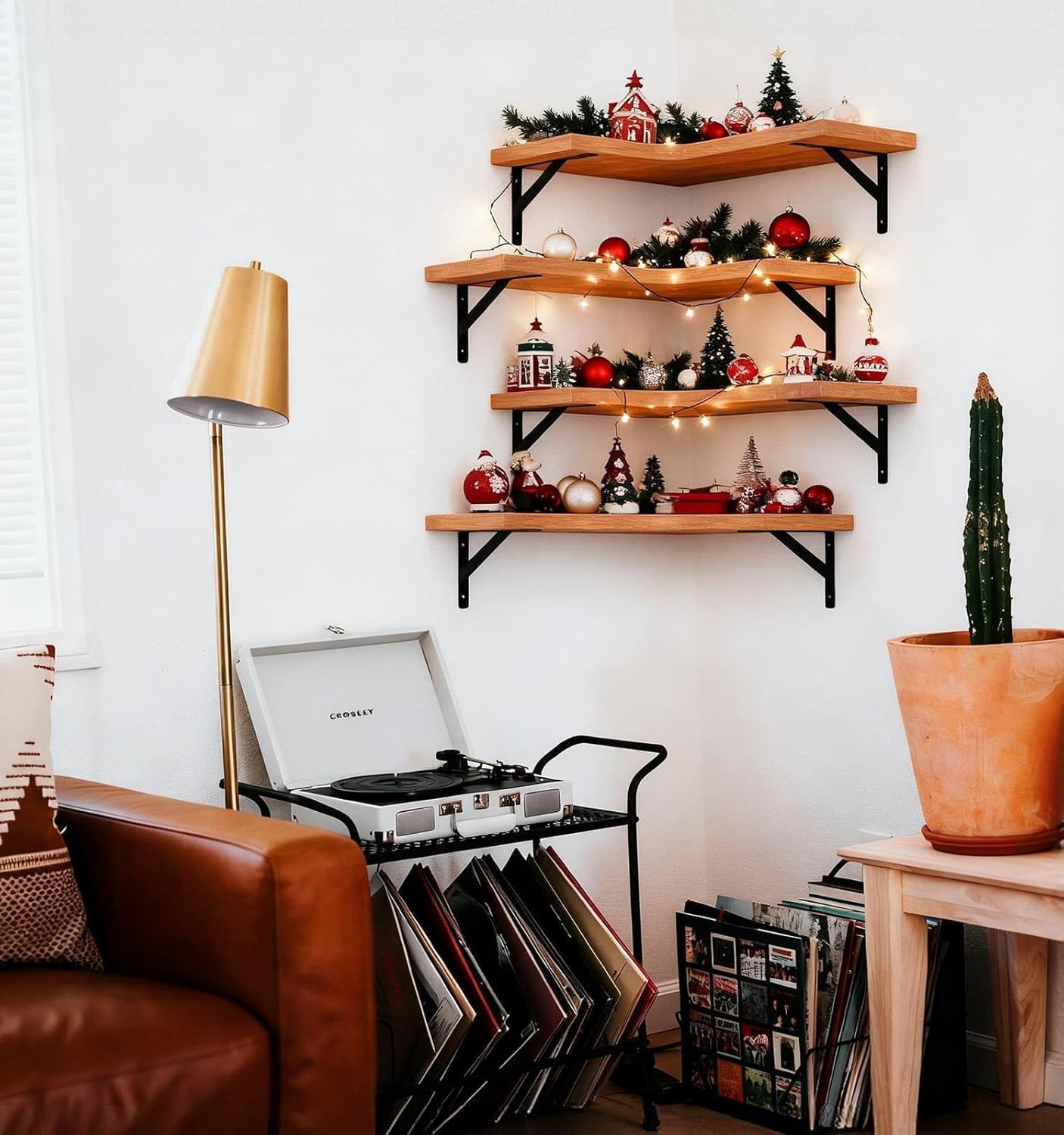 LEOPO Corner Floating Shelves Wall Mounted Set of 6, Corner Wall Shelves Rustic Wood Storage Display for Home Decor, Bedroom, Living Room, Kitchen, Office, Bathroom, Laundry Room, Reddish Brown