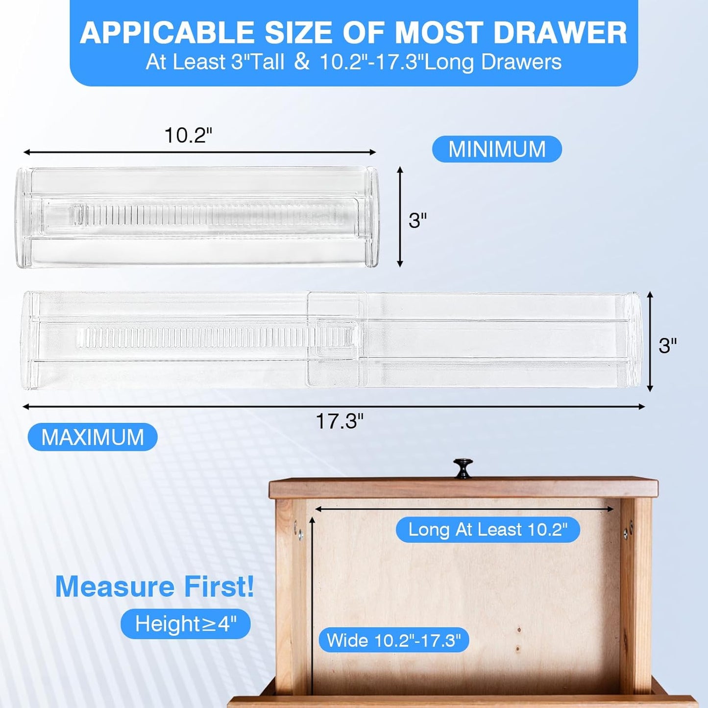 4Pack Drawer Dividers for Clothes, 4" High Adjustable Expandable Dresser Drawer Organizer, Clear Plastic Separators for Dresser, Underwear, Cosmetic, Toiletries