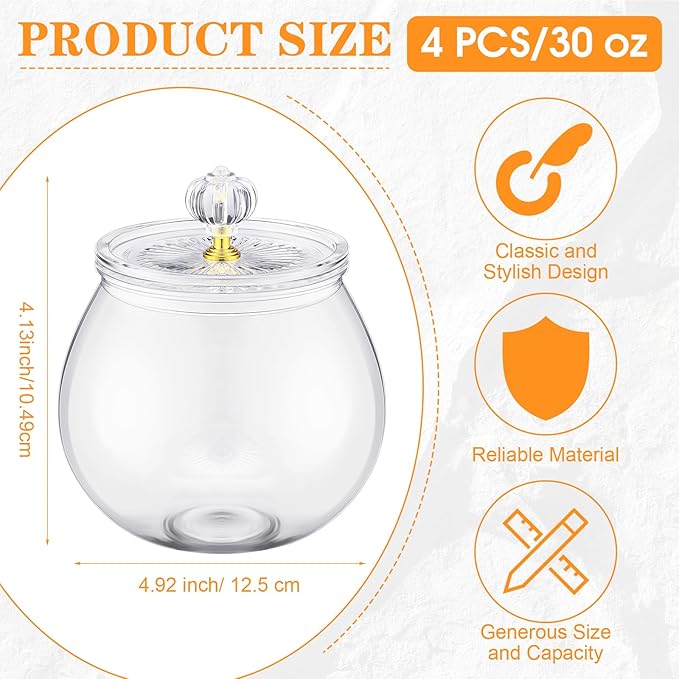 Nuogo 4 Pcs Plastic Candy and Cookie Jars with Lids Clear Cookie Container Candy Jars Large Airtight Apothecary Storage Organization for Wedding Home Kitchen Bar(30 oz)