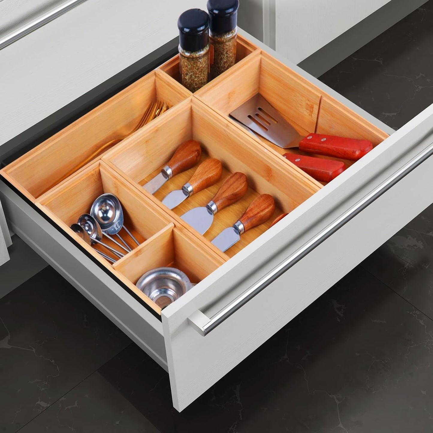 Bamboo Drawer Organizer,5 PCS Silverware Organizer & Kitchen Organizers and Storage,Utensil Drawer Organizer With Removable Dividers for Kitchen,Utensils,Bathroom,Office,Makeup(Natural)