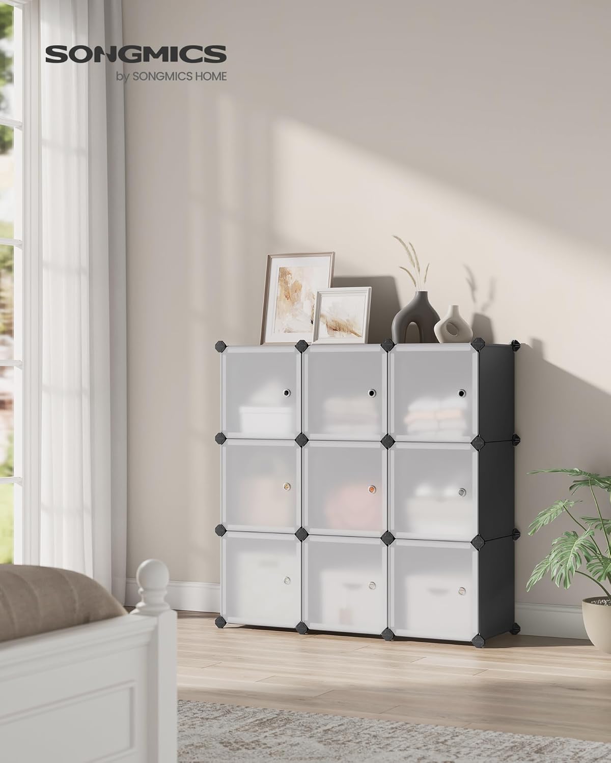 SONGMICS Cube Storage Organizer, Set of 9 Plastic Cubes, Closet Storage Shelves, DIY Plastic Closet Cabinet, Modular Bookcase, Shelving with Doors for Bedroom, Living Room, Black and White ULPC116HS