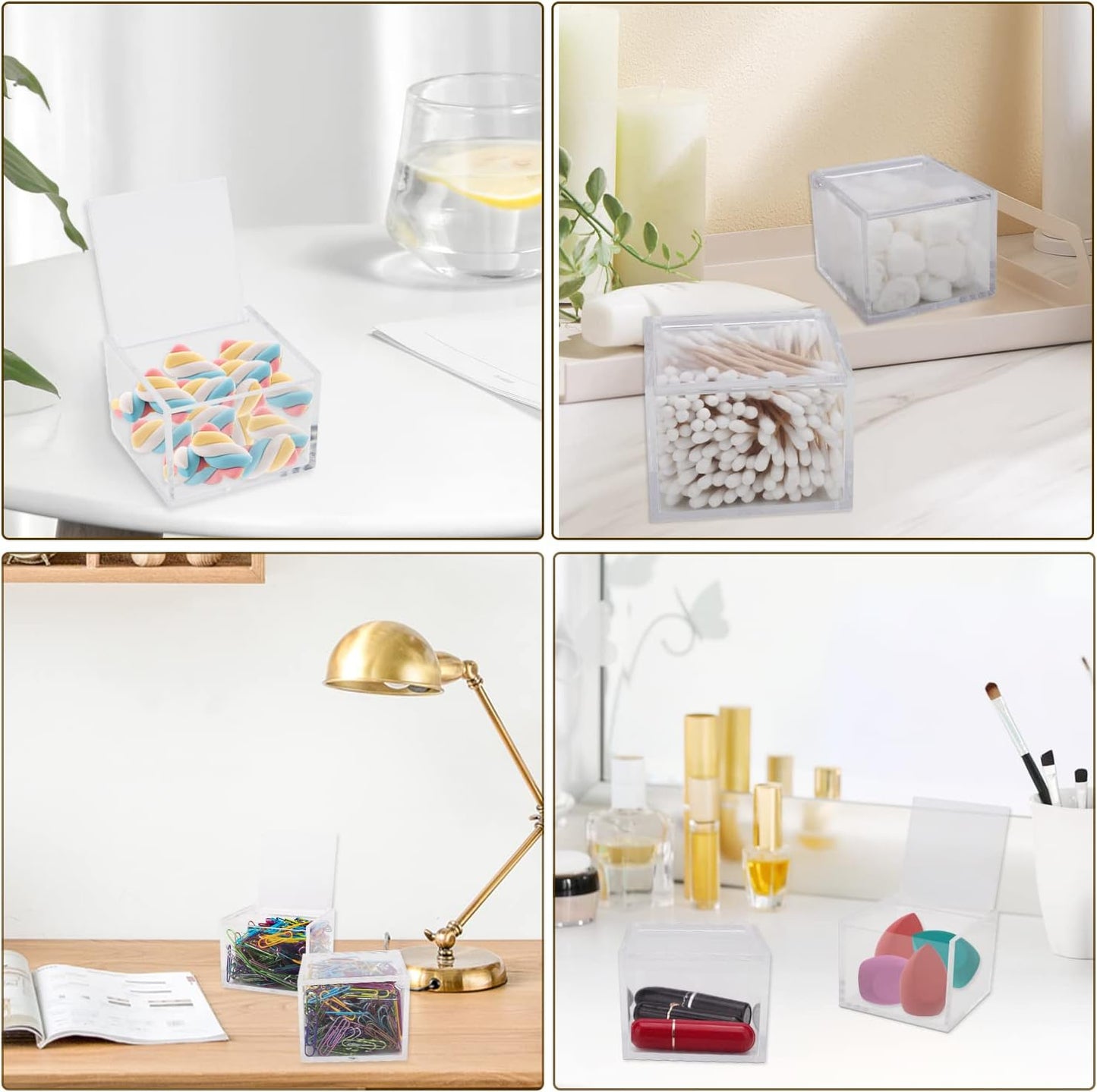 2 Pack Small Clear Acrylic Organizer with Lid for Paper Clips,Sticky Note,Qtip,Cotton Balls,Hair Ties Holder Acrylic Box for Home office Bathroom Desk Organizer