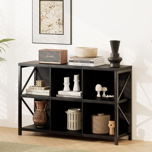 6 Cube Storage Organizer, Industrial Horizontal Bookshelf, Accent Cube Shelf, Corner Bookcase for Living Room, Home Storage, 47.2 Inches, Black