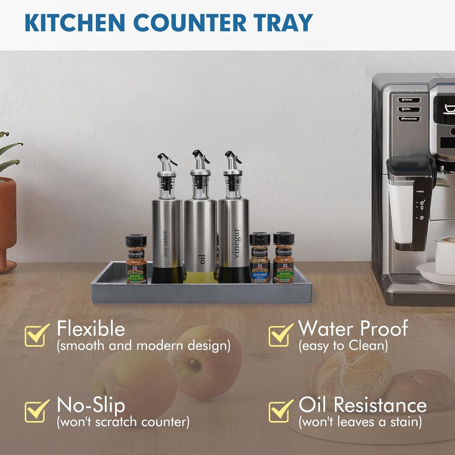 Bloss Silicone Counter Tray Set for Bathroom/Kitchen - 7.9" Bathroom Soap Dispenser Tray and Soap Holder, Silicone Vanity Trays Countertop Organizer for Scrubber, Perfume, Jewelry, Candle