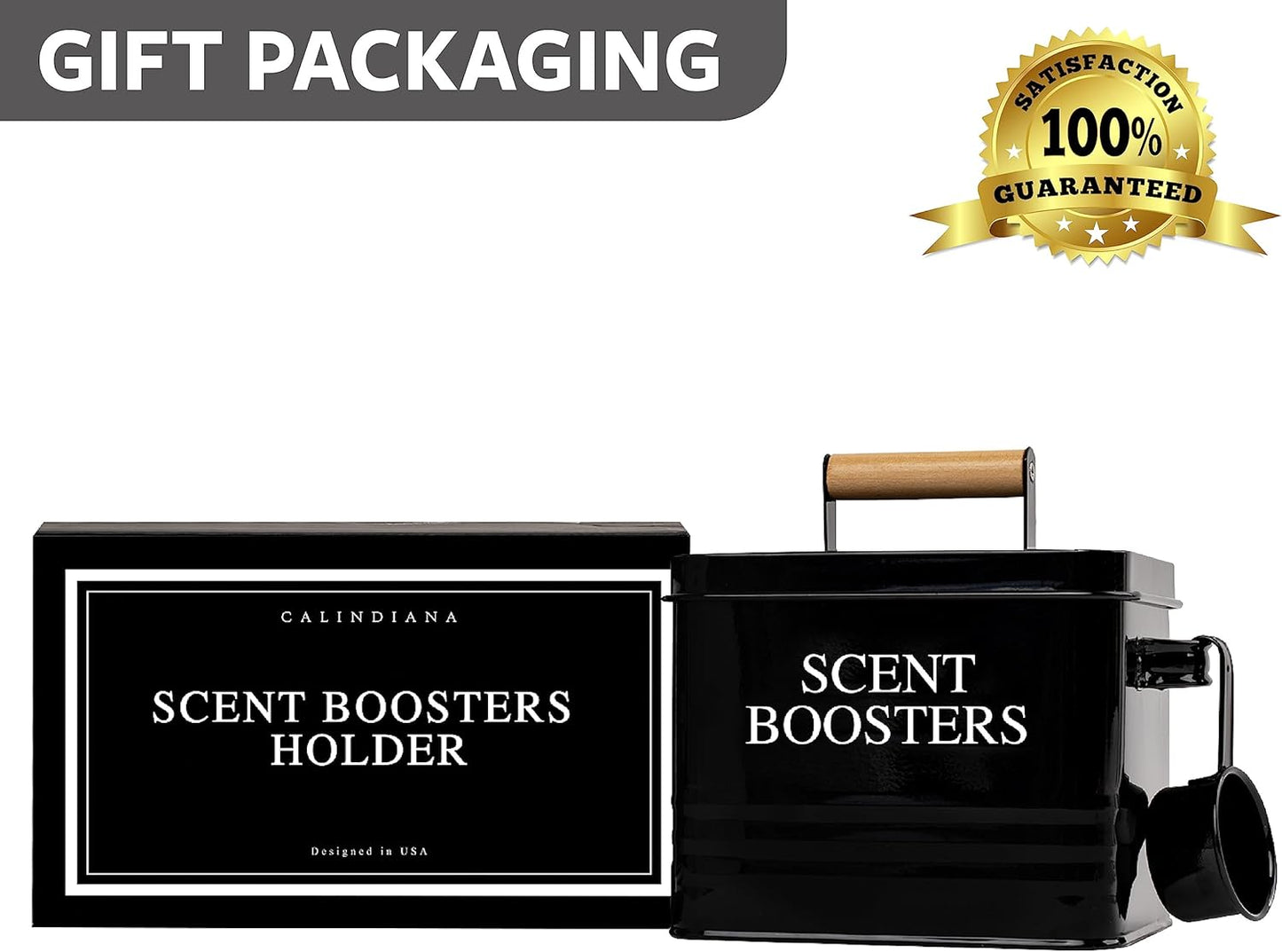 Calindiana Modern Farmhouse Metal Laundry Scent Booster Beads Dispenser Container with Scoop for Laundry Room Decor and Accessories and Space Saving Laundry Room Organization and Storage, Black