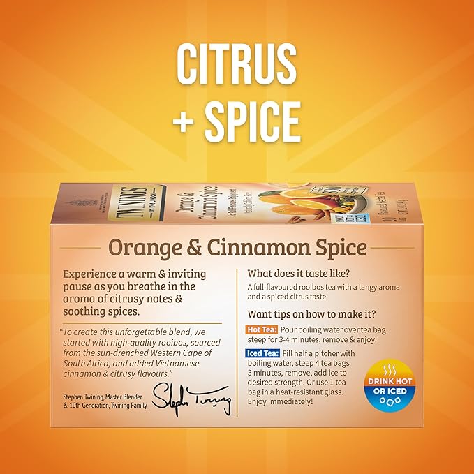 Twinings Orange & Cinnamon Spice Herbal Tea Individually Wrapped Bags, 20 Count (Pack of 1), Naturally Caffeine-Free, Enjoy Hot or Iced, 20 Teabags