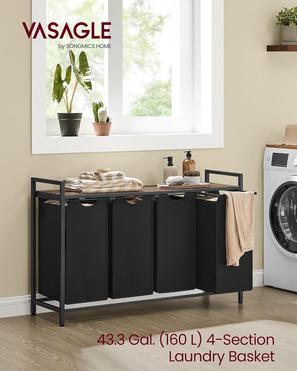 VASAGLE Laundry Hamper, Laundry Basket, Laundry Sorter with 4 Pull-Out and Removable Bags, Shelf, Metal Frame, 4 x 10.6 Gallons (40 L), 45.7 x 13 x 28.4 Inches, Ink Black and Rustic Brown UBLH401B01