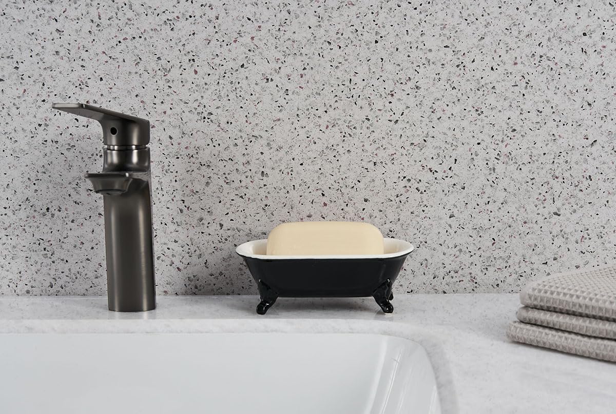 6.5" Ceramic Mini Decorative Clawfoot Bathtub Bar Soap Dish, Kitchen Sponge Holder and Shower Tray for Bathroom, 1 Pack(Black)