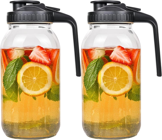 2 Pack 64oz Glass Mason Jar Pitcher with Airtight Lid and Handle – Wide Mouth, Leak-Proof, Ideal for Sun Tea, Cold Brew, Lemonade, Iced Coffee, Milk, and Water (Black)