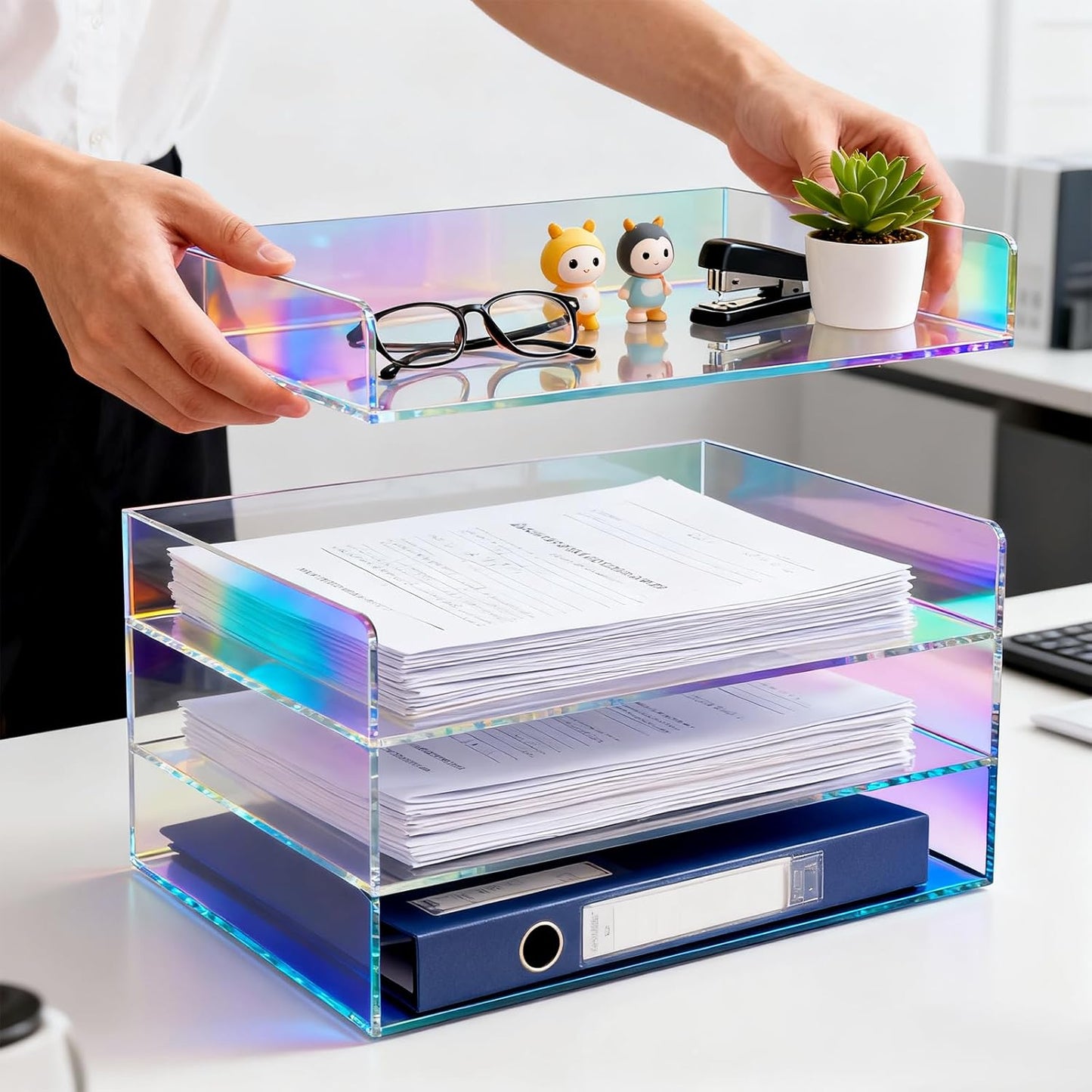 Gelite Acrylic File Organizer for Desk 4 Tiered Stackable Letter Tray Office Paper Storage Desktop Document Sorter, Iridescent