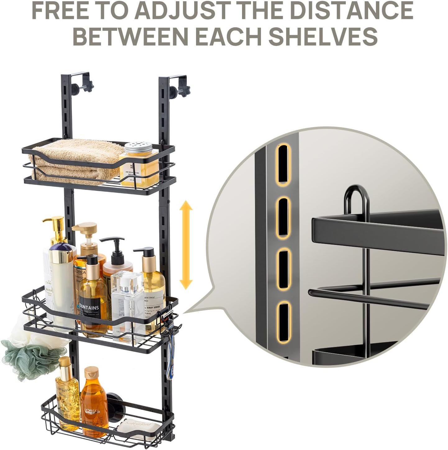 LEVERLOC Over The Door Shower Caddy, Shelf Distance Adjustable Hanging Rack Sturdy Rust Proof Bathroom Shelves with Strong Suction Cup, Shower Organizer Basket Storage Rack, Metal Black
