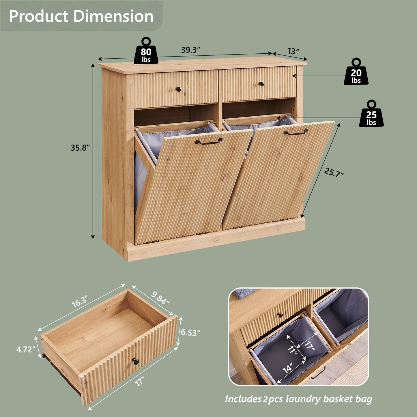 Modern Double Tilt-Out Laundry Hamper Cabinet, 20 Gallon Fluted Trash Can Cabinet with 2 Drawers, Wooden Hidden Garbage Can Cabinets with Laundry Basket, for Bathroom and Kitchen, Natural Oak