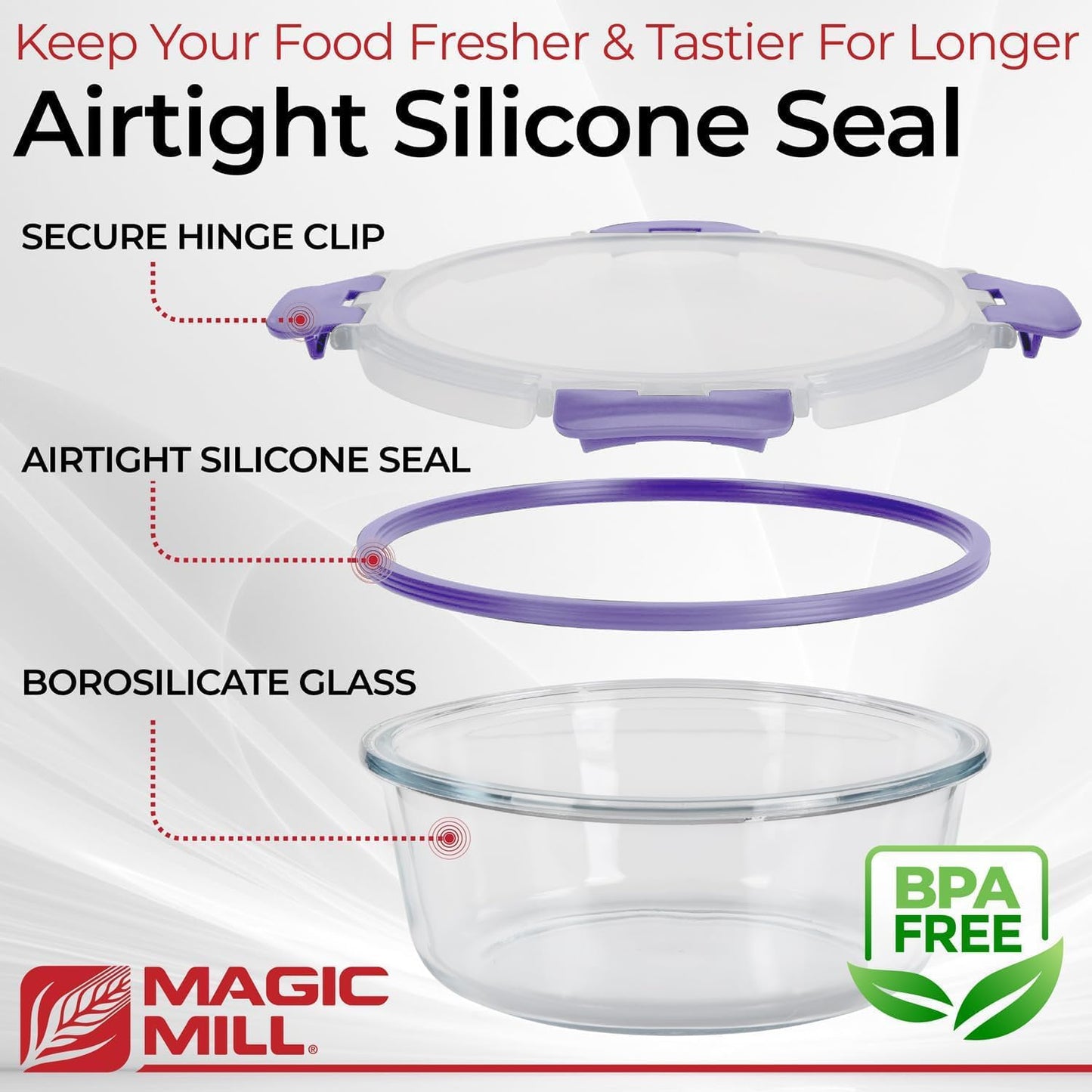 Magic Mill Premium Borosilicate Glass Food Storage Containers with lids Set | 24pc Sets with 12 Bowls & 12 Airtight Locking Lids for Lunch & Meal Prep, Safe for Oven, Freezer, Dishwasher, BPA-Free