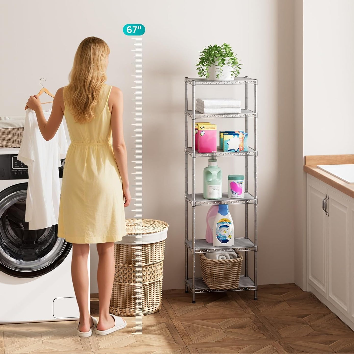 SINGAYE 6 Tier Shelf Wire Shelving Adjustable Storage Shelves Rack Standing Units for Kitchen Closet Laundry Bathroom Organizers Metal Pantry Narrow Mesh Gaps 10" D x 16" W x 60" H Gray