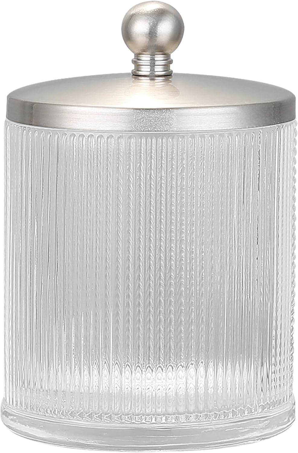 Clear Transparent Apothecary Ribbed Geometric Etched Glass Jar W/Satin Nickel Metal Lid for Bathroom Organization, Cotton Balls, Q Tips, and Small Accessories, Bathroom Storage