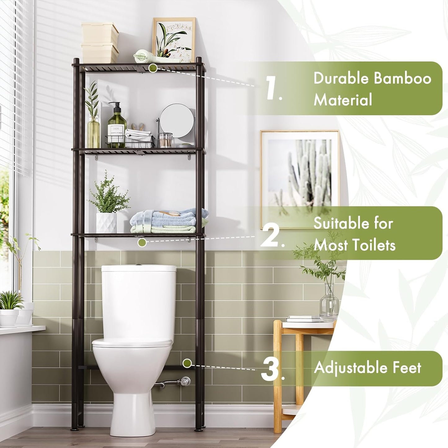 AmazerBath Bamboo Over The Toilet Storage Shelf, Over Toilet Bathroom Organizer Rack, 3-Tier Bathroom Shelves Over Toilet, Space Saver, Espresso