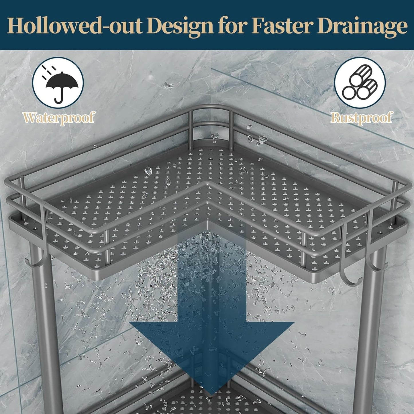 Consumest Corner Shower Caddy Standing - 3-Tier Stainless Steel Shower Organizer with Soap Holder and 4 Hooks, Large Capacity Corner Shelf Stand for Bathroom, Rest Room, Grey