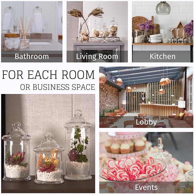 Set of 3 Glass Apothecary Jars with Lids, Clear Bathroom Storage Organizer Canister Set for Qtips, Cotton Swabs, Cotton Balls, Bath Salts (H: 11", 8.5", 7.5", D: 5"; 23 FL.OZ, 34 FL.OZ and 45 FL.OZ)