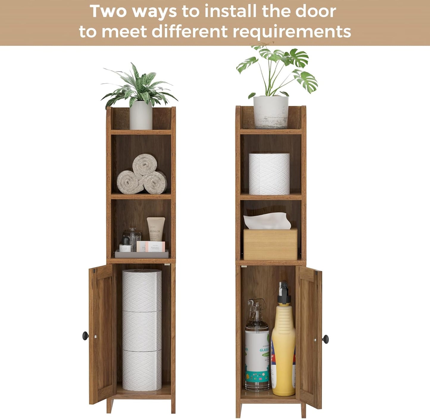 Homhedy Small Bathroom Storage Corner Floor Cabinet with Door and Shelves, Beside The Toilet Paper Stand for Skinny, Narrow Toilet Paper Cabinet, 7.9" D x 7" W x 31" H, Rustic Walnut