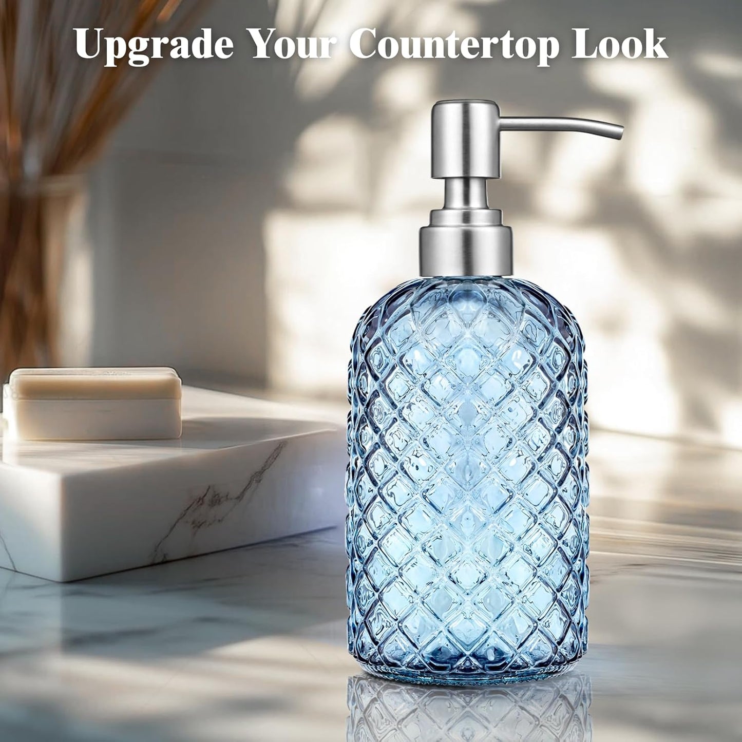 Blue Glass Soap Dispenser Gem Patterned with 304 Stainless Steel Pump 18 oz for Kitchen Dish Soap and Bathroom Hand Soap Bottle