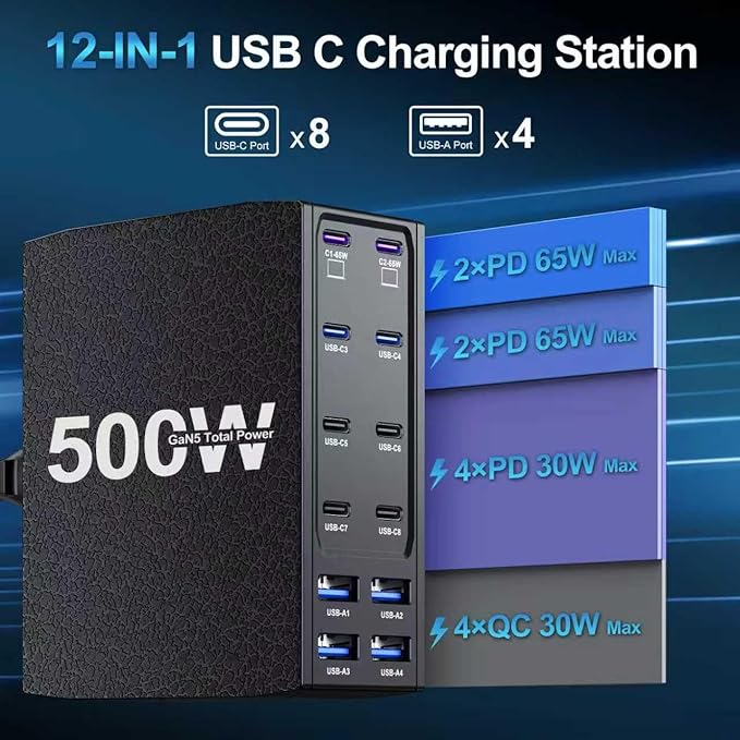 500W USB C Charger Block, 12-Port USB C Charging Station for Multiple Devices, Leather Texture Dual PD 65W Laptop Fast Charger Compatible with MacBook Pro/Air, iPad, iPhone,Galaxy and More, Black