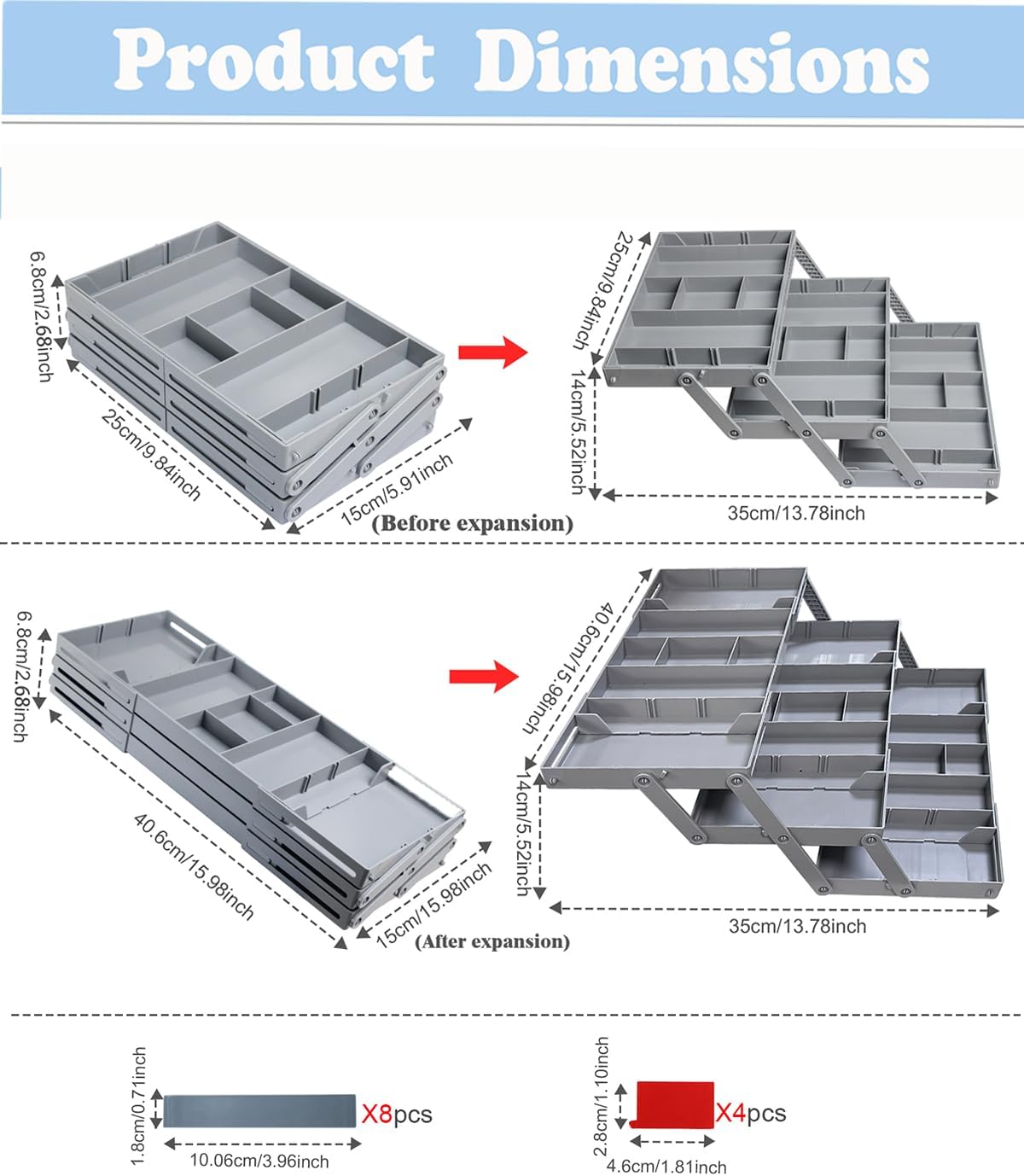 3 Tierr - Expandable Junk - Small - Multi Level Folding Smart for Makeup, Jewelry, Desk, Office Drawers(1 Row 3 Tier-Grey）