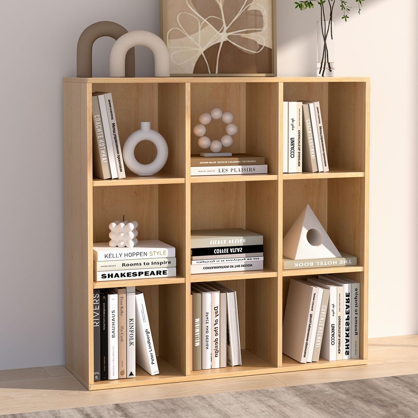 Wooden 9 Cube Storage Organizer with Closed Back Panel, Cube Shelf Heavy Duty Cubby Storage Organizer with Compartments for Living,Display Shelf,Bookshelf,Storage Furniture (Oak, 9-Cube)