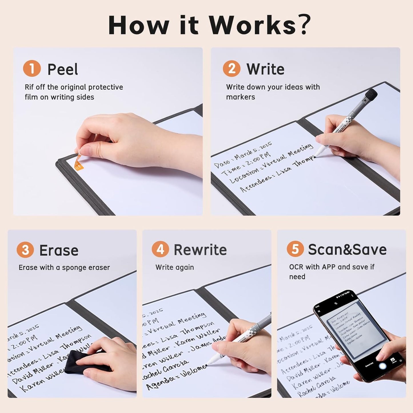 CoBak 6 Sides Portable White Board 12 x 9 inch (A4) - Notebook Design Dry Erase Small Board with Pocket and 3 Markers, Anti-Ghosting & Anti-Smudge Surface for Office, School, Homeschool (Black)