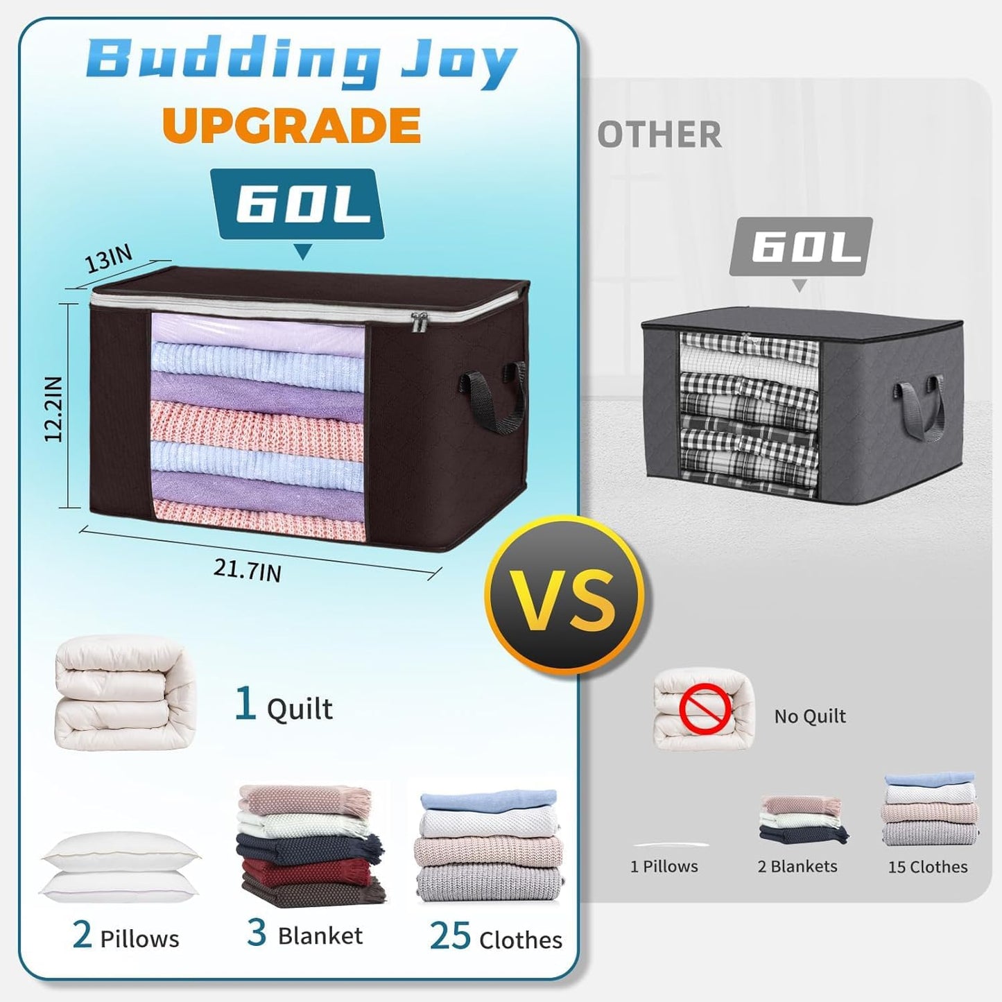 Budding Joy Clothes Storage, Foldable Large Blanket Bags, Storages and Organization for Clothing, Blanket, Comforter, Clothes, Pillows, Toys, Closet Organizers with Enhanced Handle, 60L 6 Pack Brown