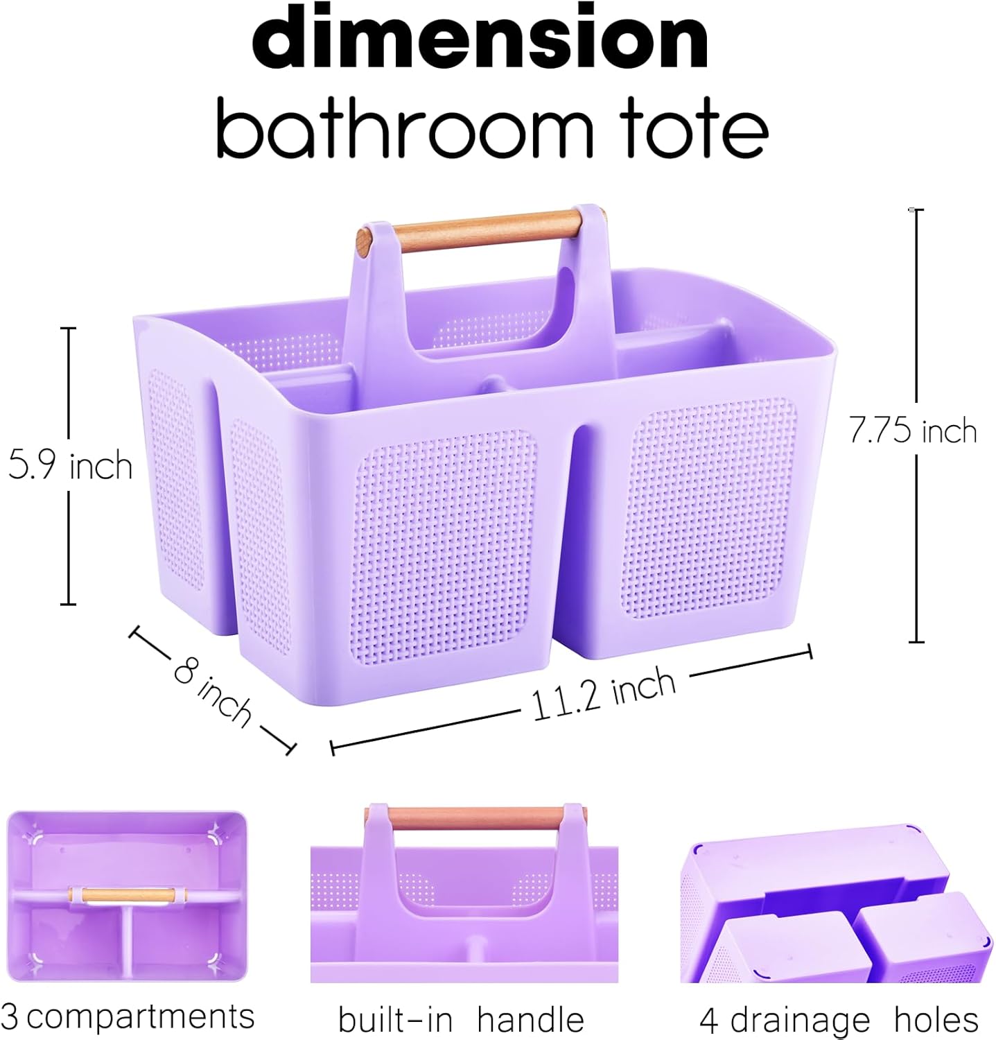ALINK Portable Shower Caddy Basket with Compartments, Plastic Divided Cleaning Caddy Organizer Storage Tote with Handle for Bathroom, College, Dorm Room Essentials - Purple